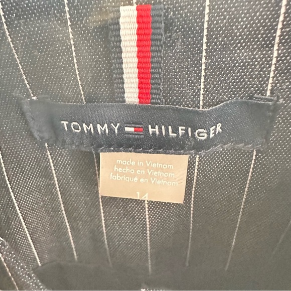 Tommy Hilfiger Navy Pinstripe Elbow Pad Blazer Size 14 Mock Collar Blue Jacket - Picture 12 of 14